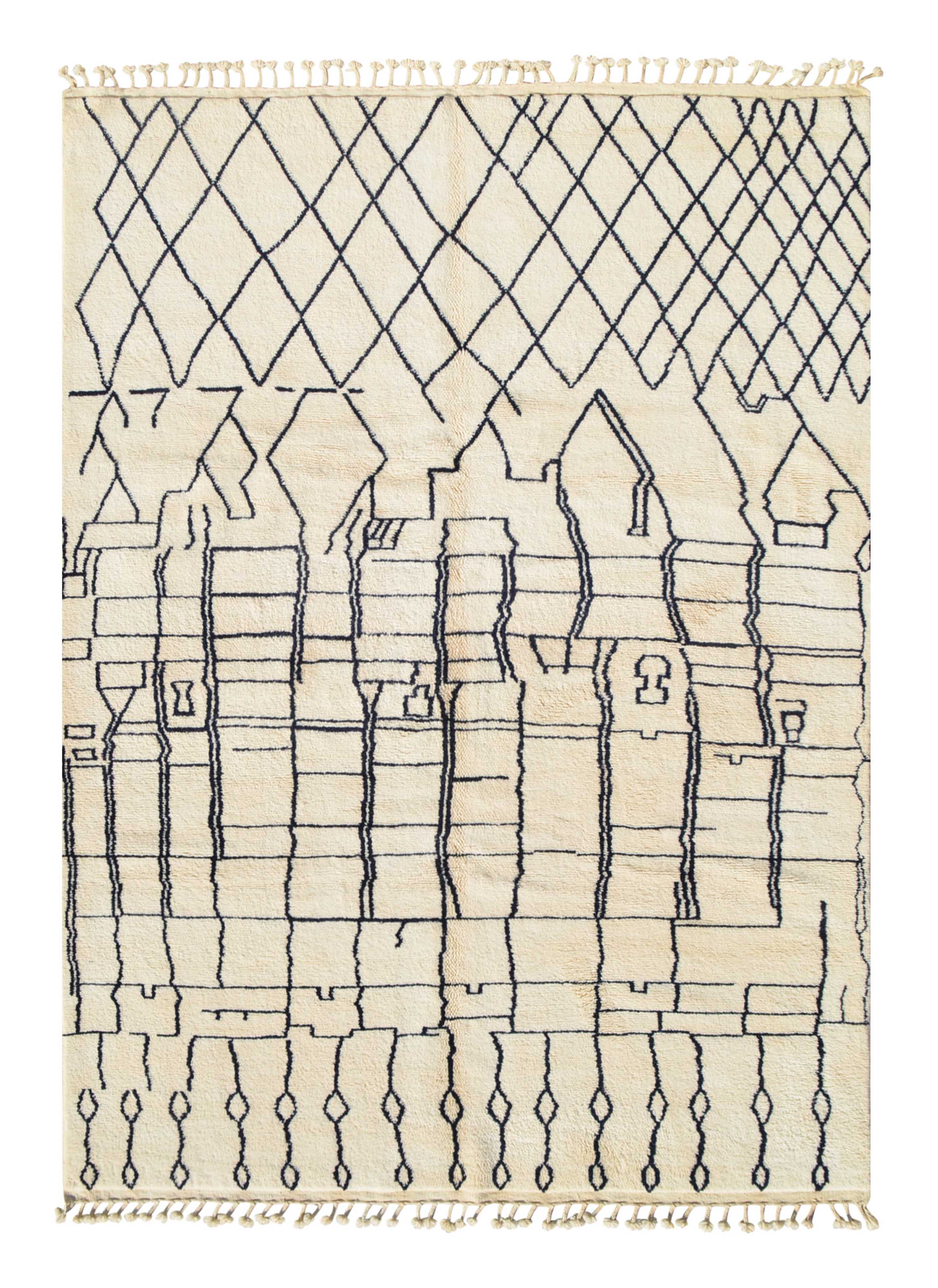 Beni Bliss (9'0" x 12'0") - Abstract Deep Navy & Cream Architectural Geometric Beni Ourain Rug