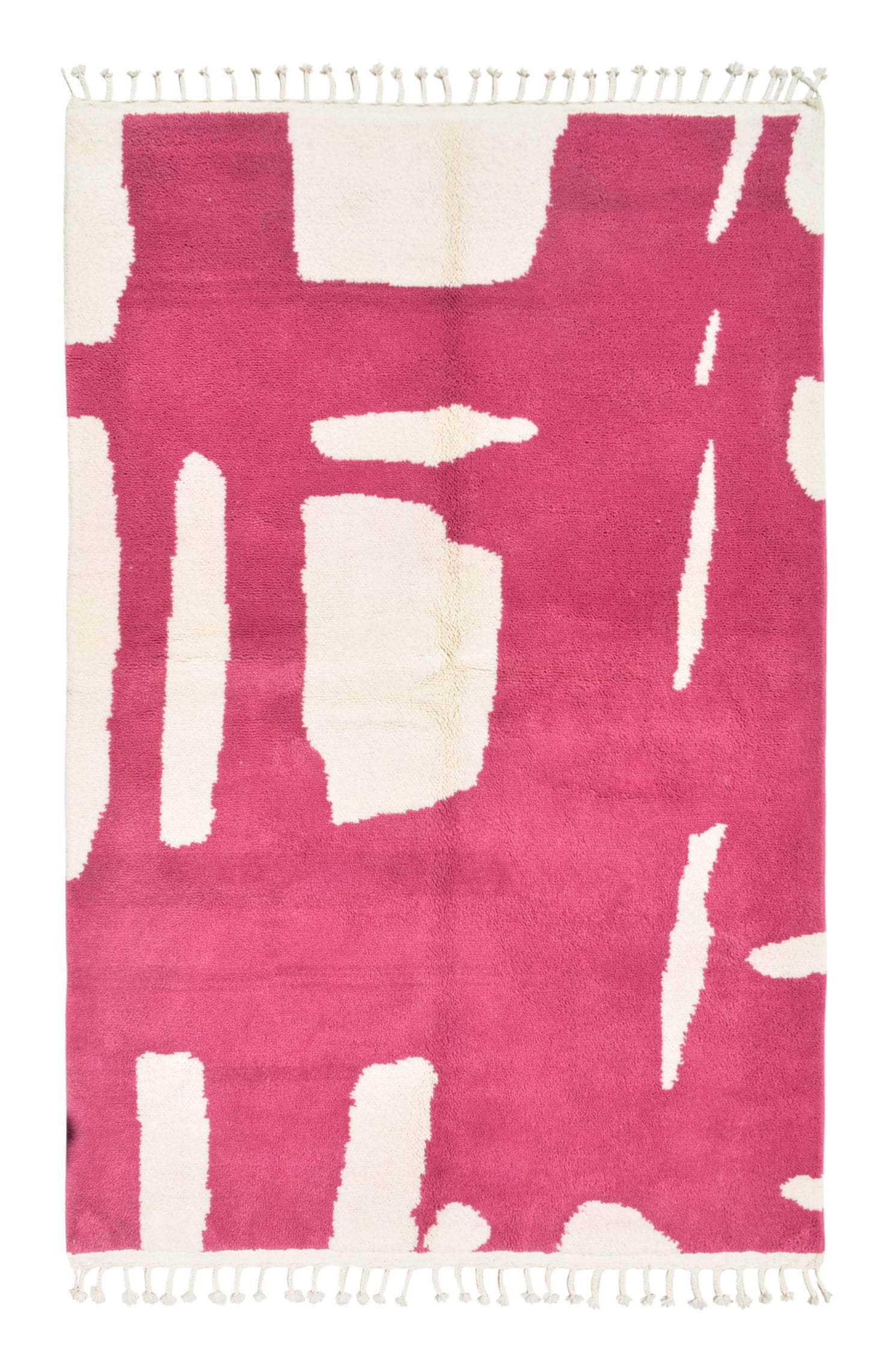 Elegant Fusion (6'2" x 9'2") - Abstract Raspberry Pink & White Organic Shape Azilal Rug