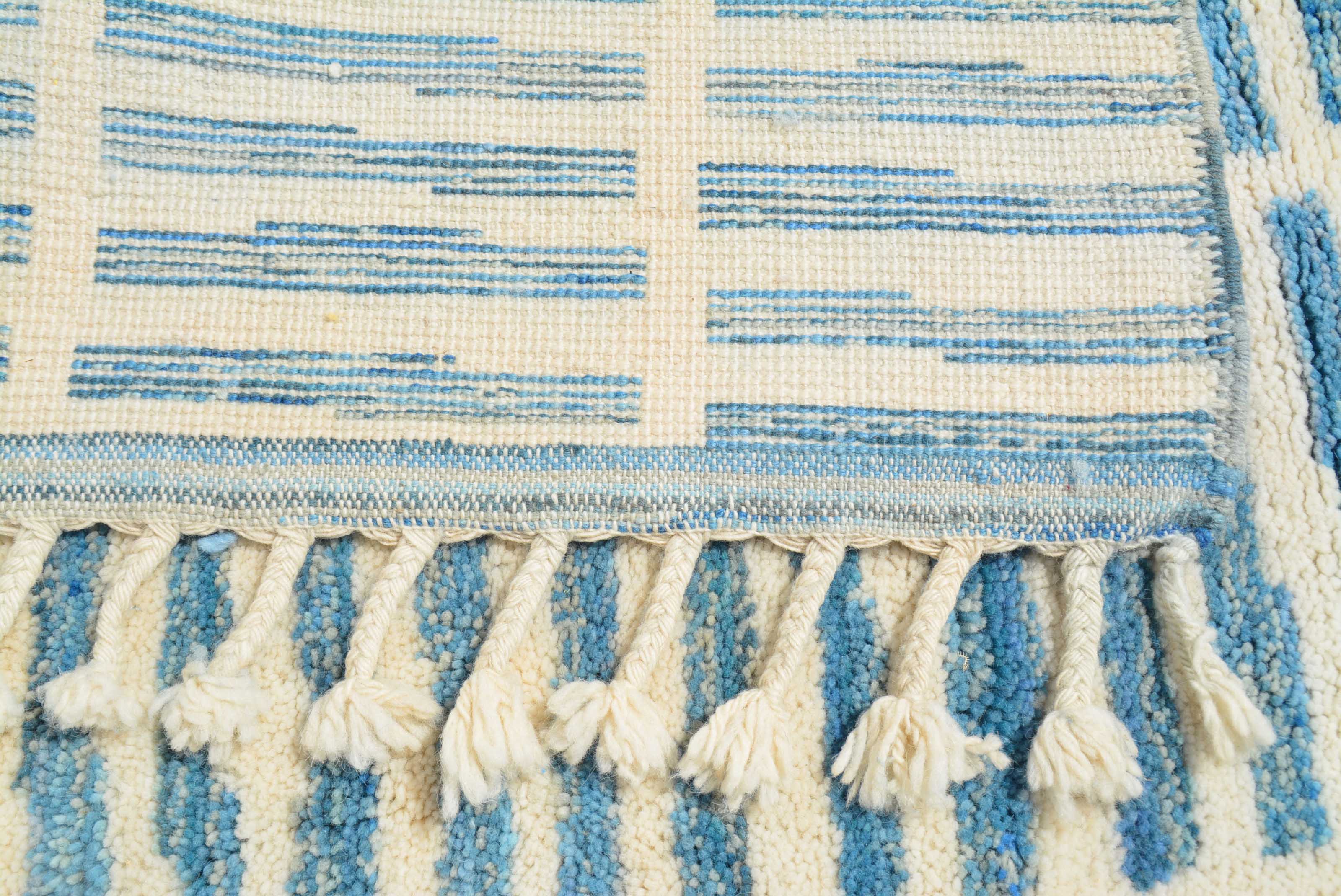 Hardly Here (8'0" x 9'10") - Abstract Blue & Cream Vertical Dash Berber Rug - Image 4