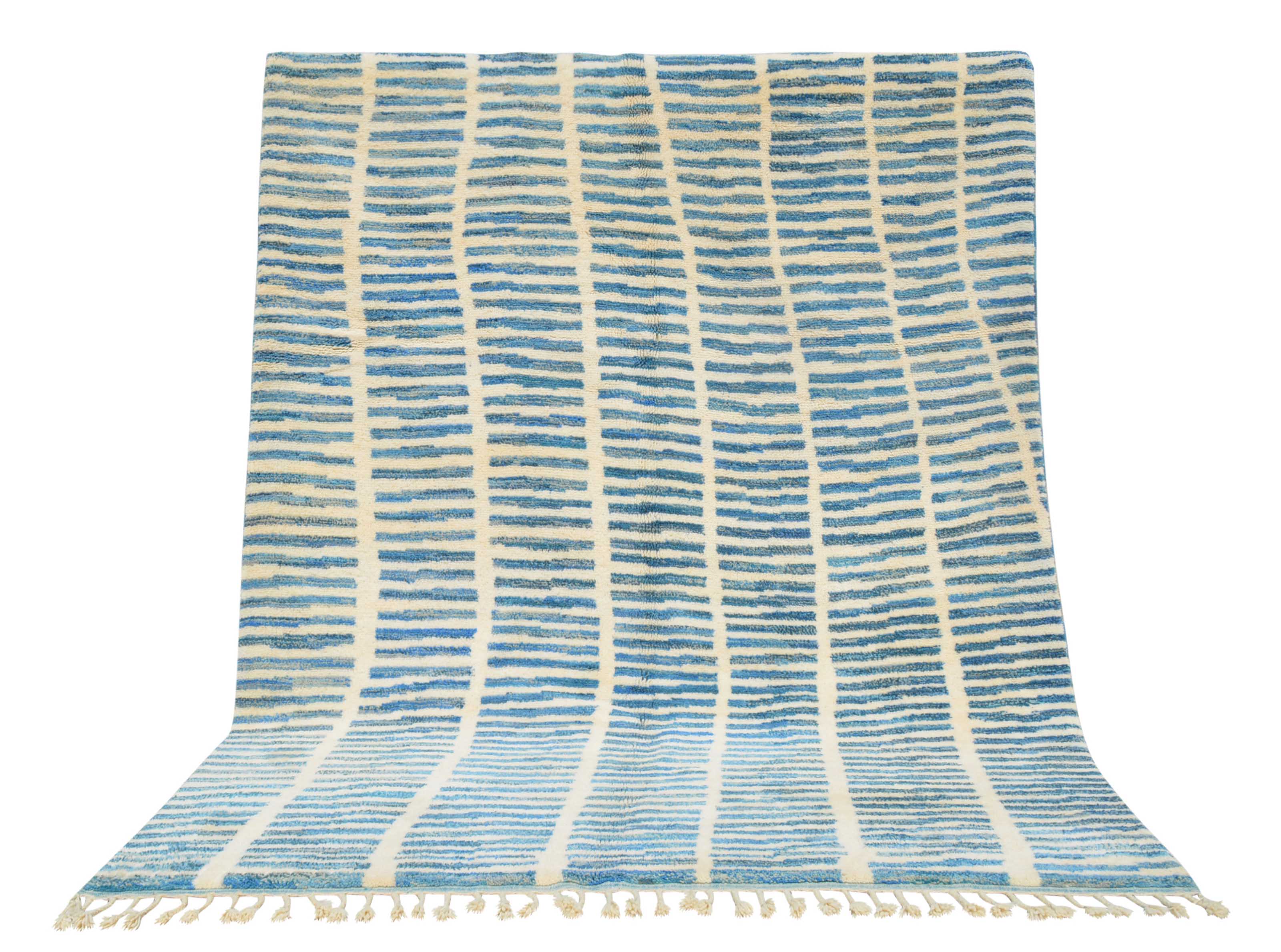 Hardly Here (8'0" x 9'10") - Abstract Blue & Cream Vertical Dash Berber Rug - Image 6
