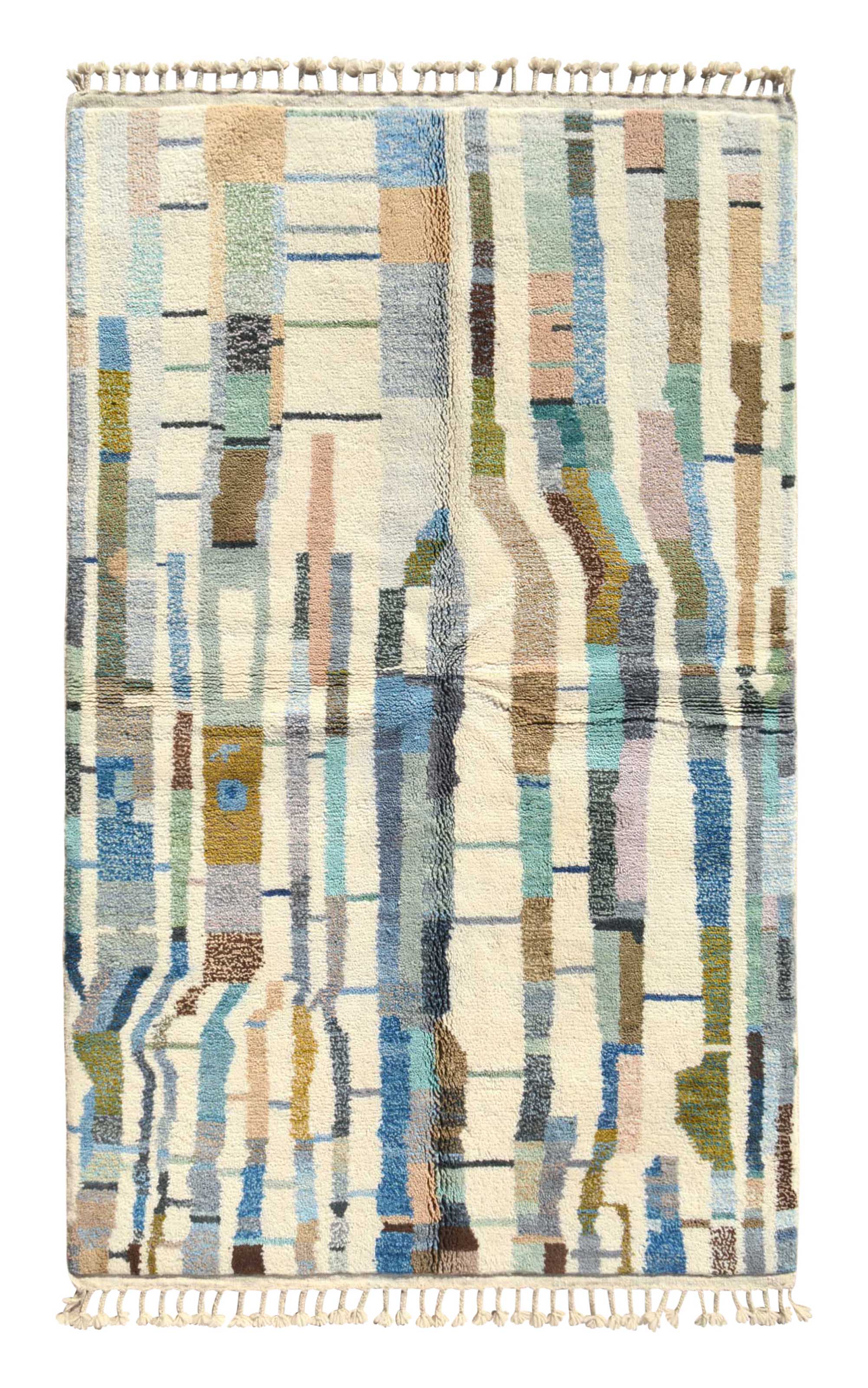 IndigoGlow (5'0" x 8'0") - Abstract Blue & Earthy Mosaic Azilal Rug - Hand-Knotted Wool