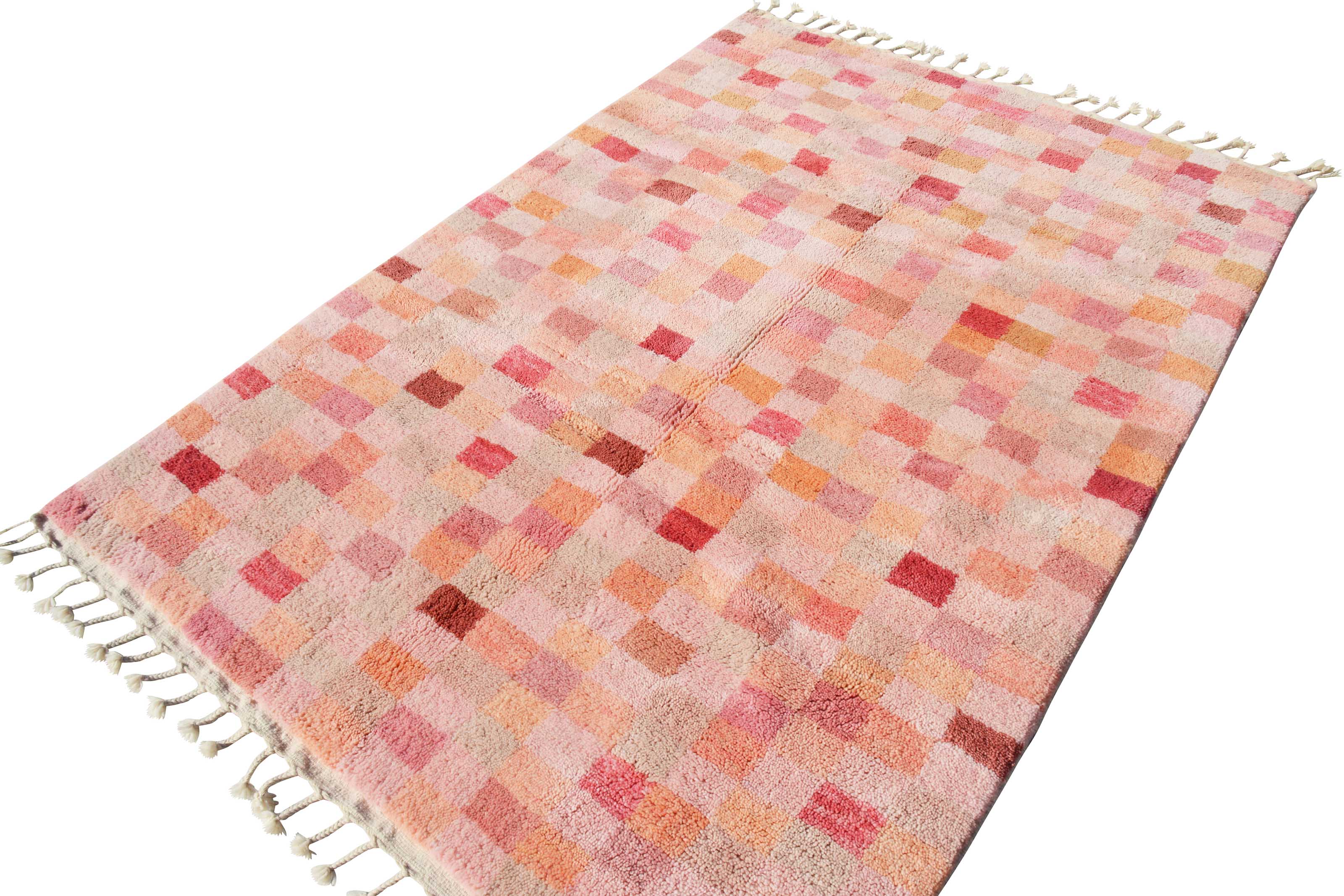 Pink Patches (5'3" x 7'10") - Abstract Pink & Orange Checkerboard Berber Rug - Image 4