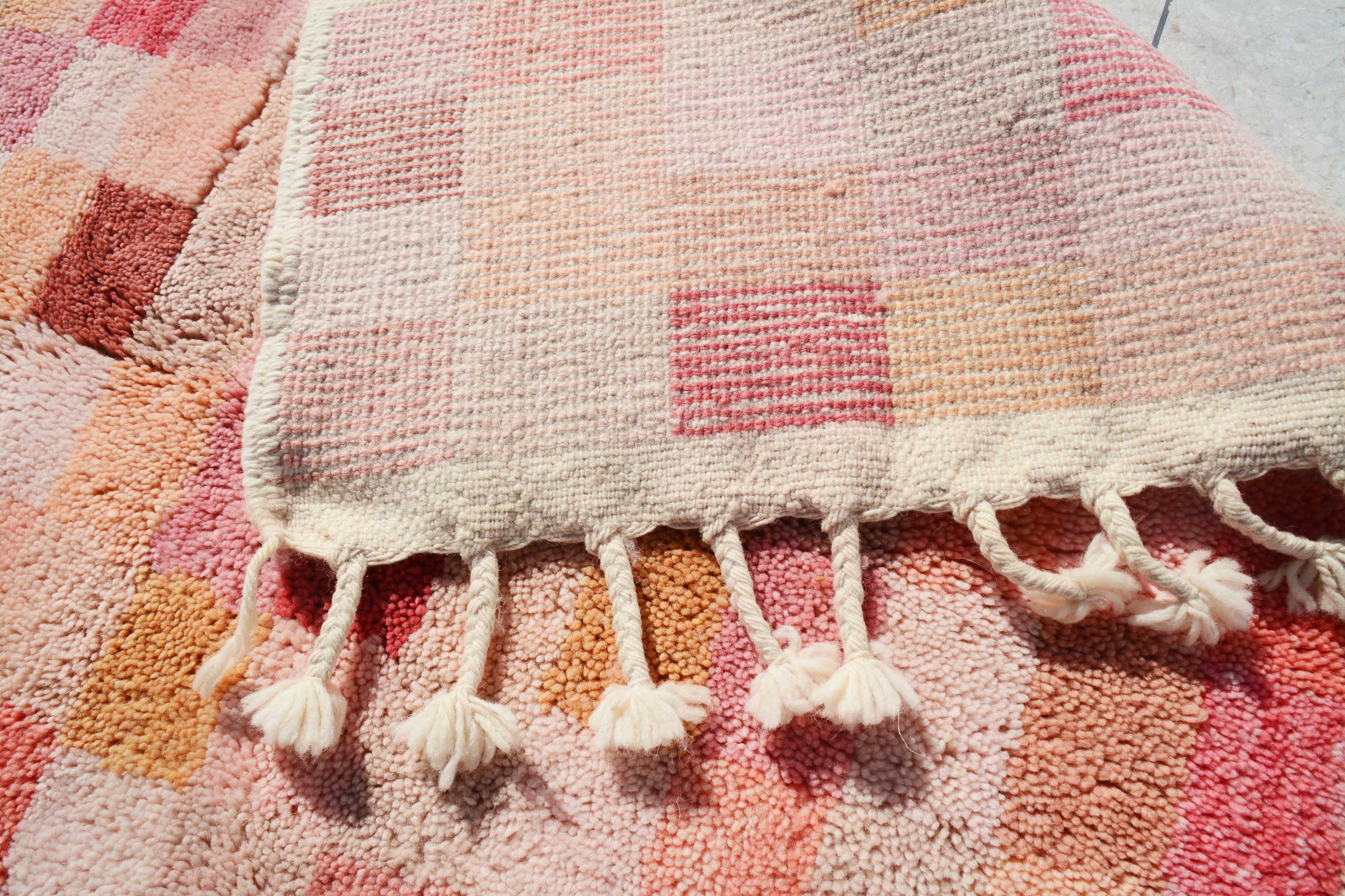 Pink Patches (5'3" x 7'10") - Abstract Pink & Orange Checkerboard Berber Rug - Image 6