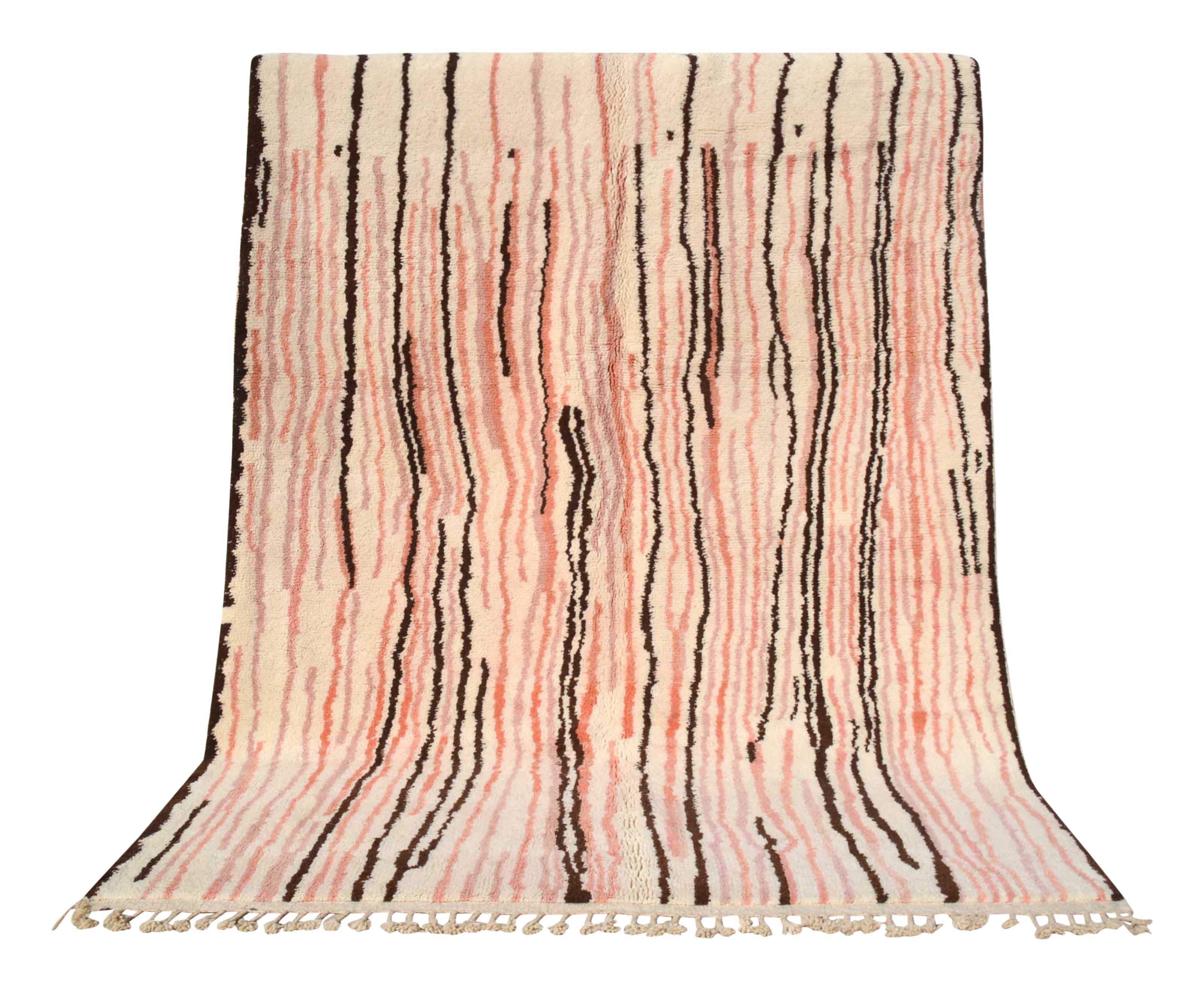 PinkLuxe (7'0" x 9'0") - Abstract Pink & Brown Stripe Azilal Rug - Hand-Knotted Wool - Image 6